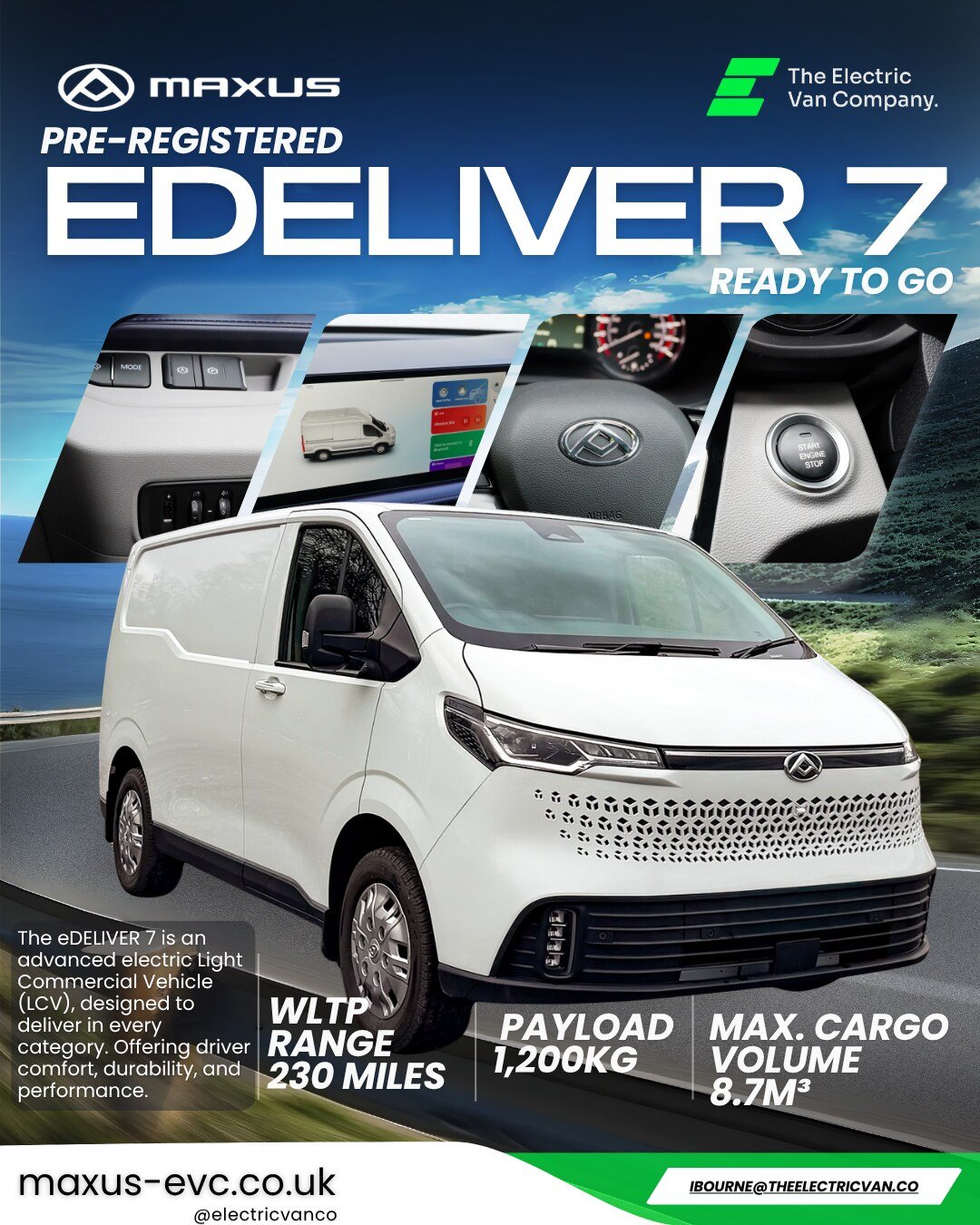 Maxus eDeliver 7 — pre-registered, ready to go, 230-mile WLTP range, 1,200 kg payload, 8.7 m³ load volume — from The Electric Van Company
