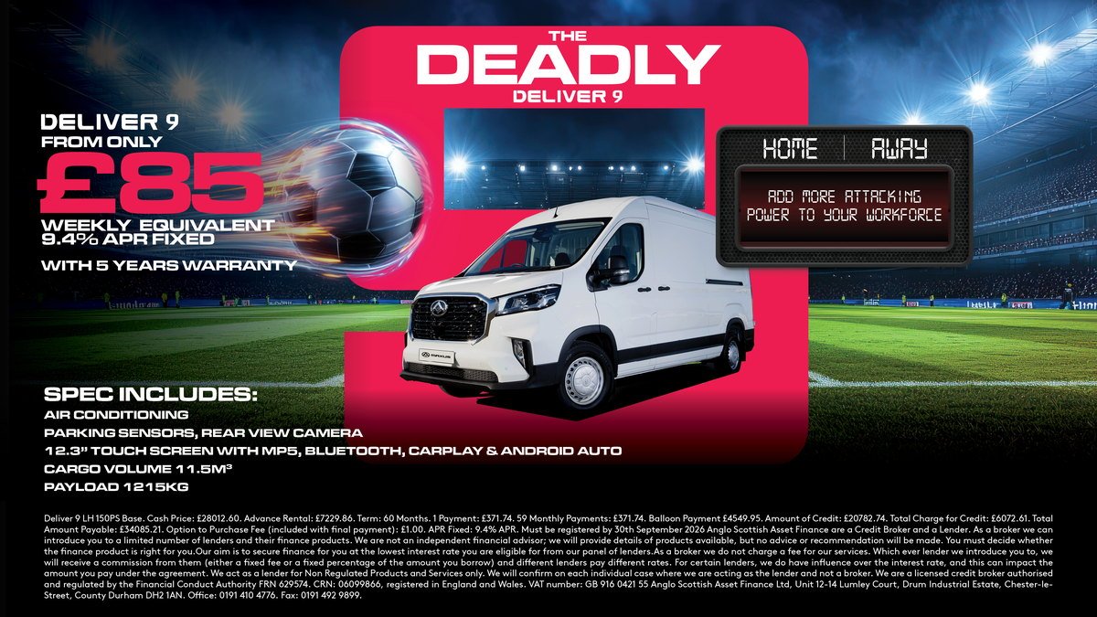 The Deadly Deliver 9 — Maxus Deliver 9 from only £85 weekly equivalent at 9.4% APR fixed with 5 years warranty. Add more attacking power to your workforce.